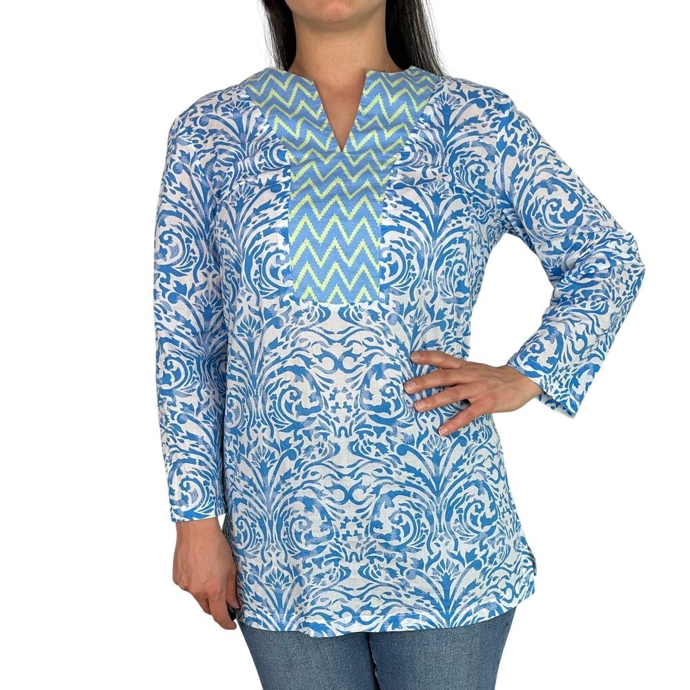 J.McLauglin Blue White & Green Patterned Lightweight Tunic Top
